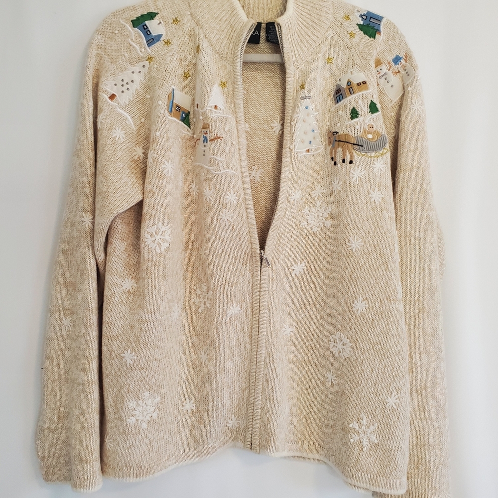 ERIKA Women's Size L Tan embroidered zipper front Winter Wonderland sweater - Picture 5 of 8